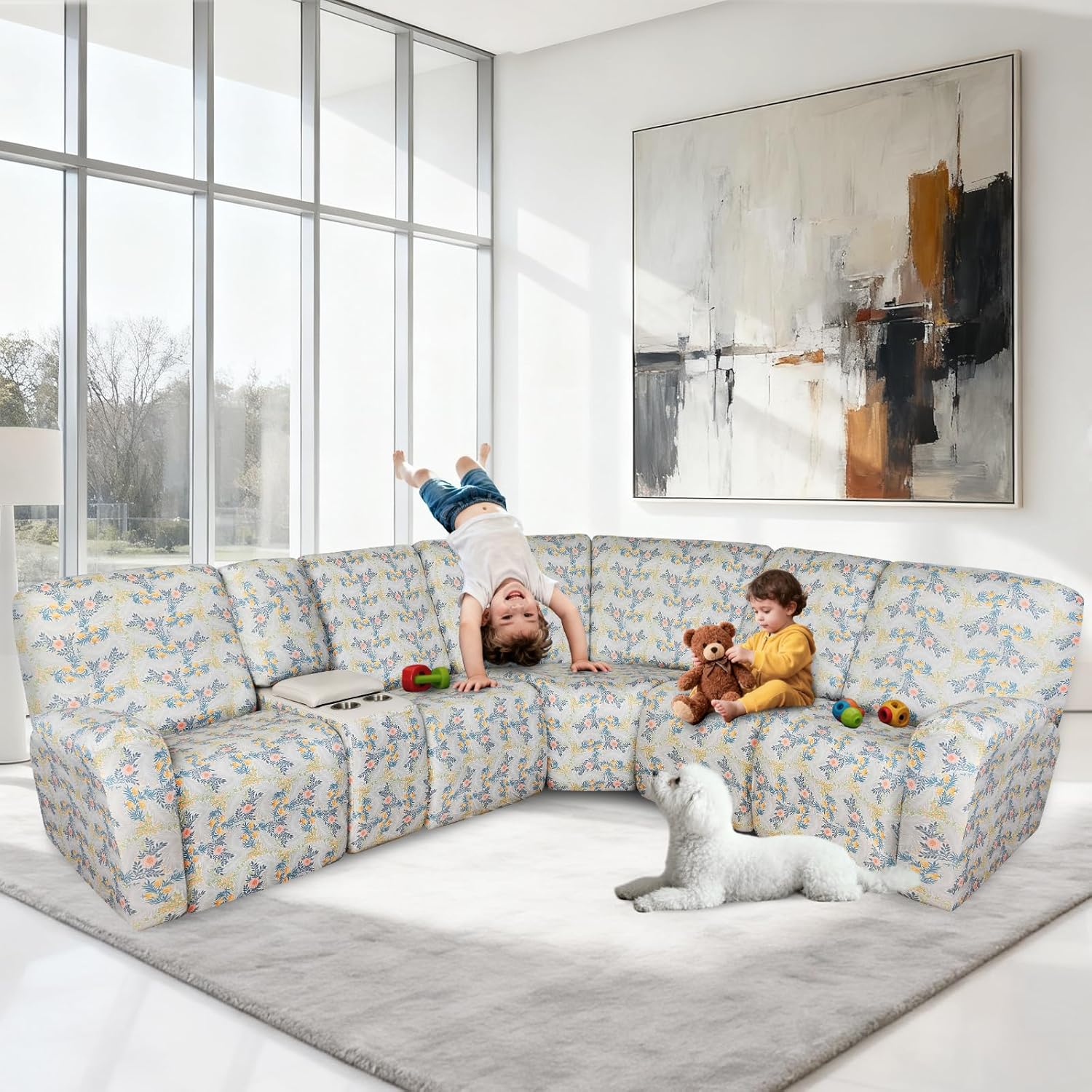 ALIECOM 100% Waterproof Sectional Recliner Couch Covers L Shape Printed Stretch Corner Reclining Sectional Sofa Cover Washable Pet Dog Recliner Slipcovers (Willow Floral, 5 Seat and 1 Console)