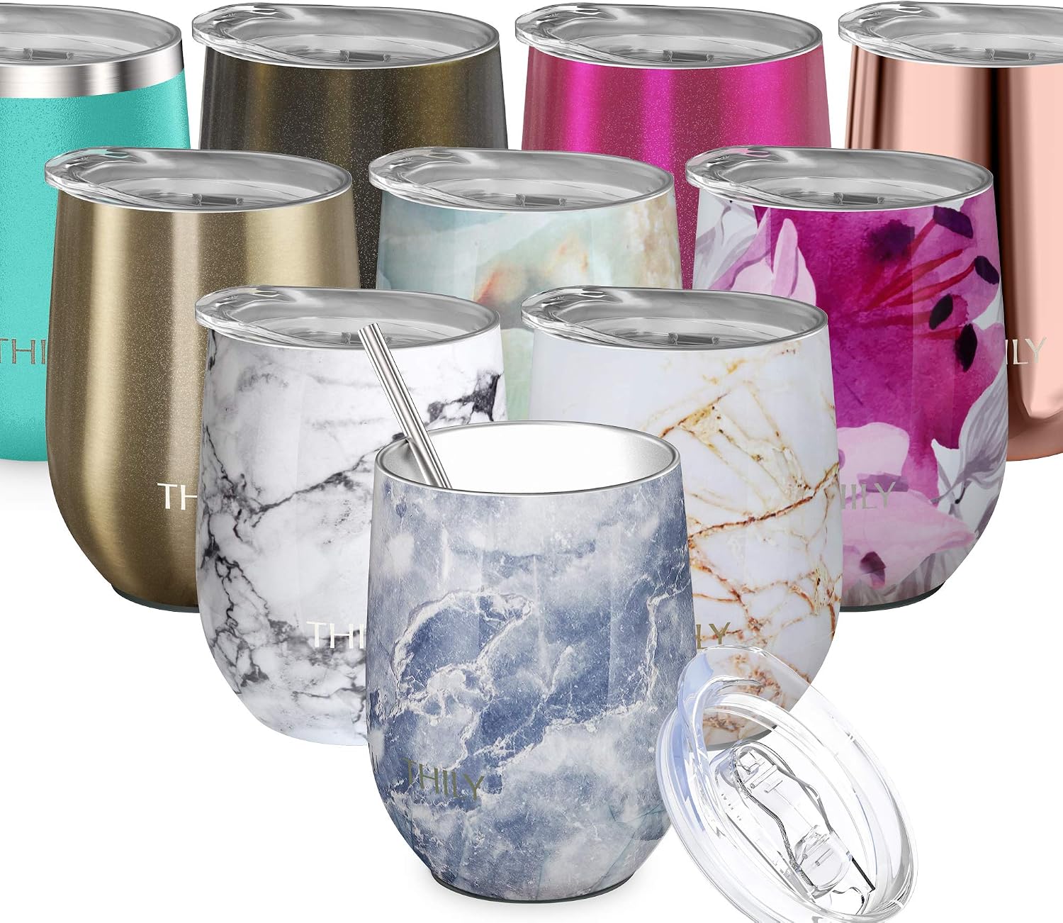 THILY Vacuum Insulated Stemless Wine Tumbler Stainless Steel Travel Wine Glass with Lid and Straw, Reusable, Portable