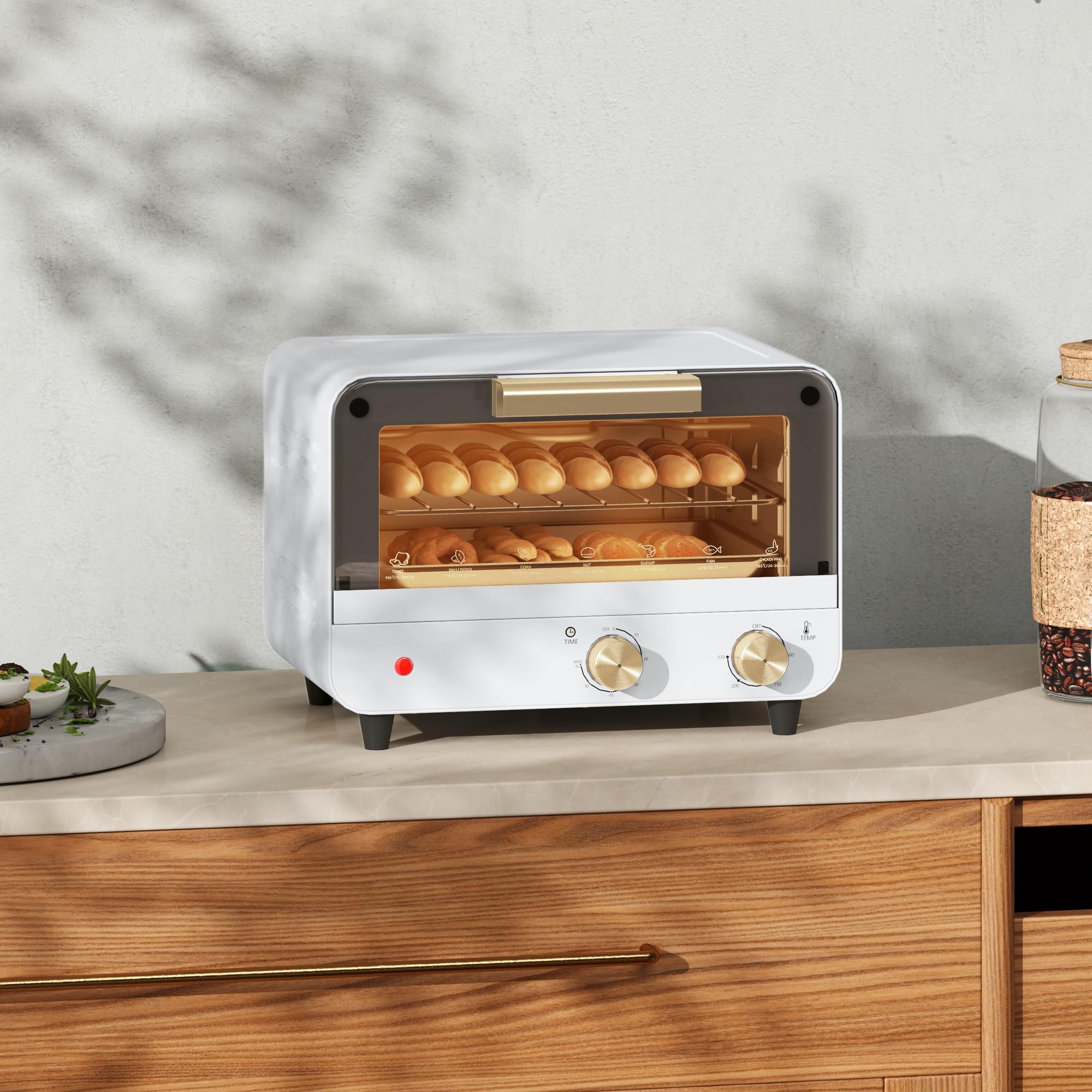 HOMCOM Four électrique 12L à 2 hauteurs avec minuterie et température réglable, mini four en acier inoxydable, verre et plastique, 31,5x27,7x22,7 cm, blanc et or