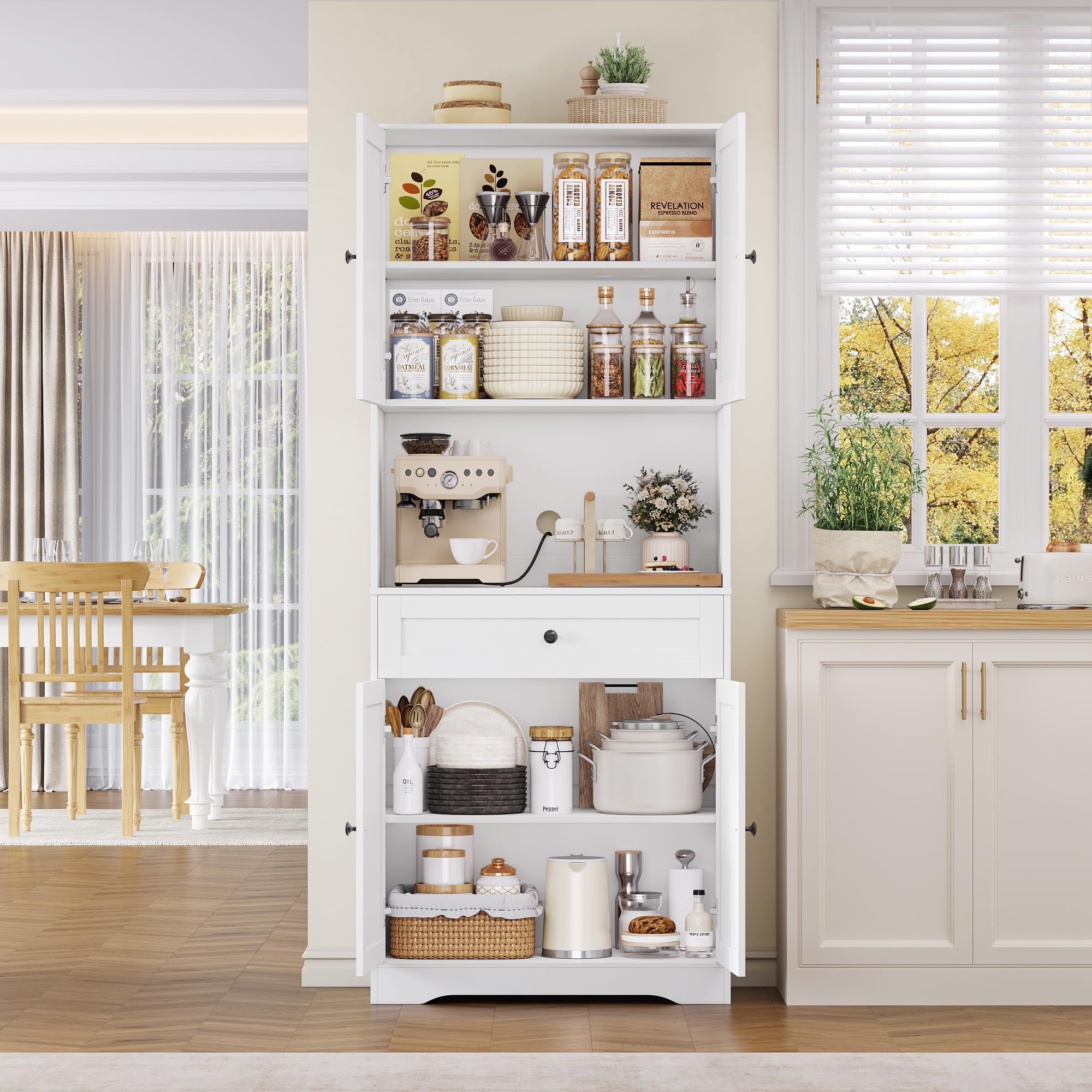 FOREHILL Alacena de Cocina 180cm Aparador Comedor Mueble Auxiliar de Cocina Armario Almacenaje Armario Despensa Cocina, 4 Puertas, 1 Cajón, Estantes Ajustables, para Comedor, Baño (Blanco) 40x75x180cm