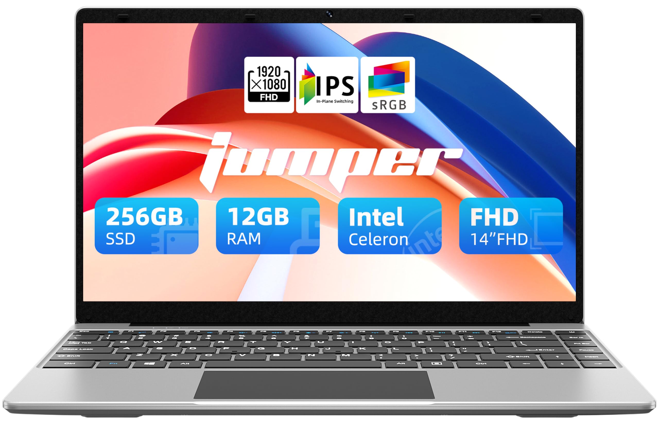 jumper Laptop, 12GB LPDDR4 RAM, 256GB SSD ROM, 14 Inch 1080p FHD IPS Screen, Windows 11 Laptops Computer with Celeron 4-Core Processor, UHD Graphics 600, 2 Stereo Speaker, Portable.