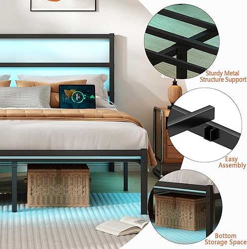 Miniatura 7 de Base de cama individual con cabecero, soporte de listones de acero resistente, marco de cama LED con estación de carga USB, base de colchón debajo
