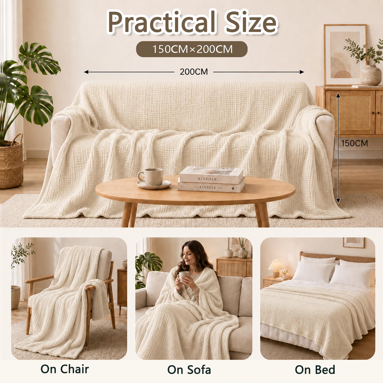 Coperta in mussola, 150 x 200 cm, 6 strati, in 100% cotone, prelavata, morbida e traspirante, leggera coperta estiva per letto e divano (beige chiaro)