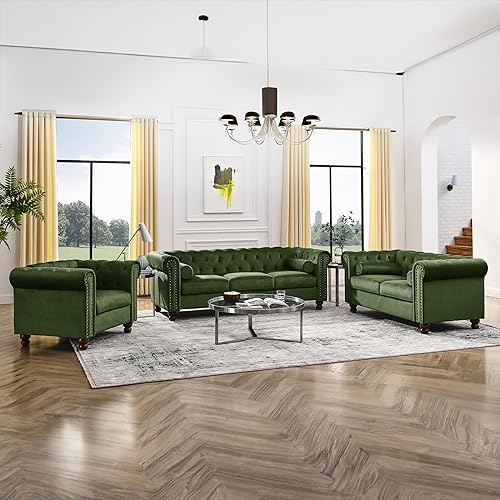 Miniatura 9 de Juego de 2 sofás tapizados de terciopelo, juego de 2 piezas, incluye sofá de 3 plazas con brazo enrollado y sofá biplaza Terciopelo verde.,Cuero