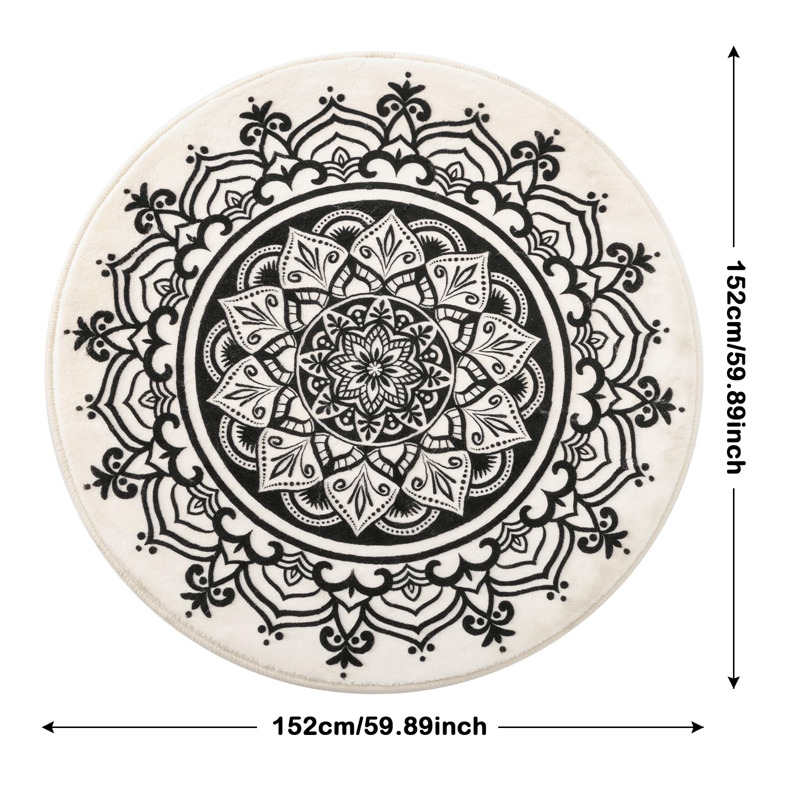 Carvapet Runder Teppich, 152 cm, weich, flauschig, Kreisteppich, Kurzflor, rutschfest, waschbar, Bohemian-Mandala-Boden, runde Teppiche (schwarzes Mandala)