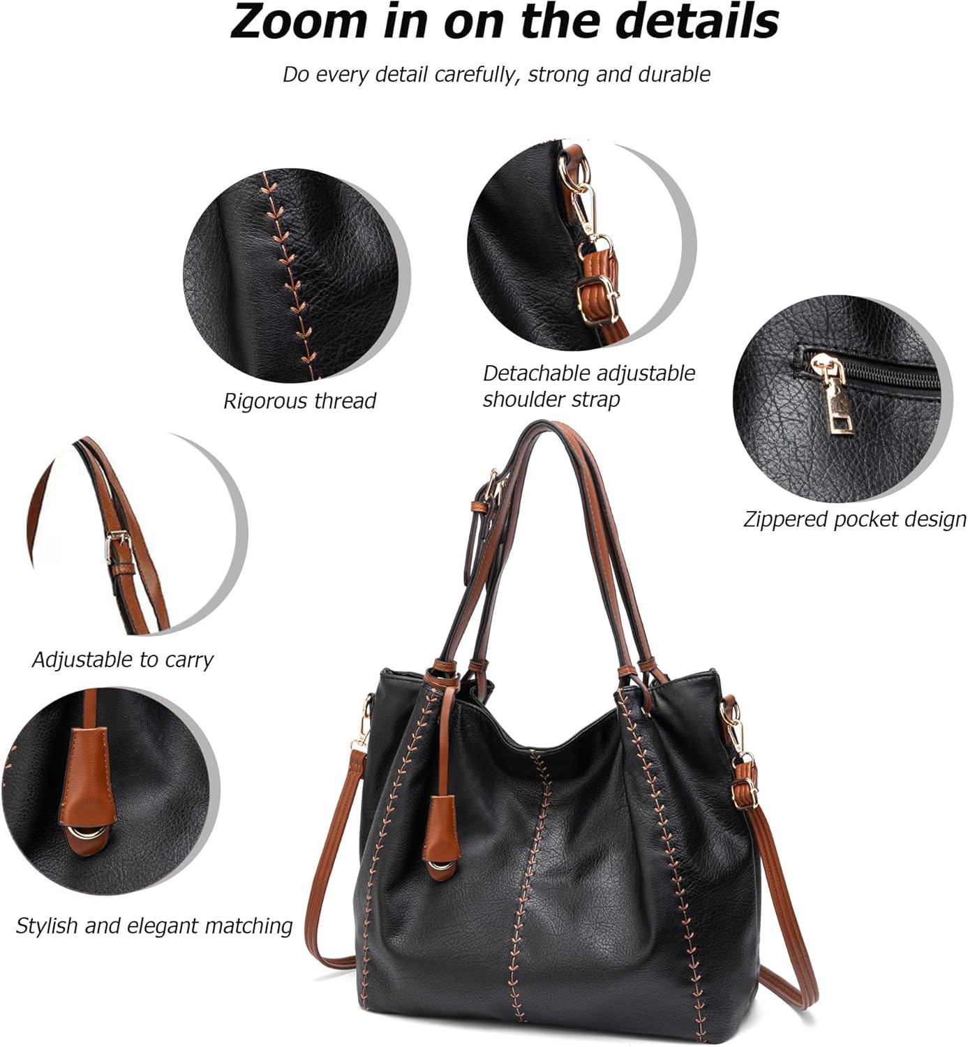 myfriday Vintage Hobo Shoulder Bag for Women Soft Leather Bucket Tote Bag Fashionable Structured Purse with Rivet Detail - Image 6