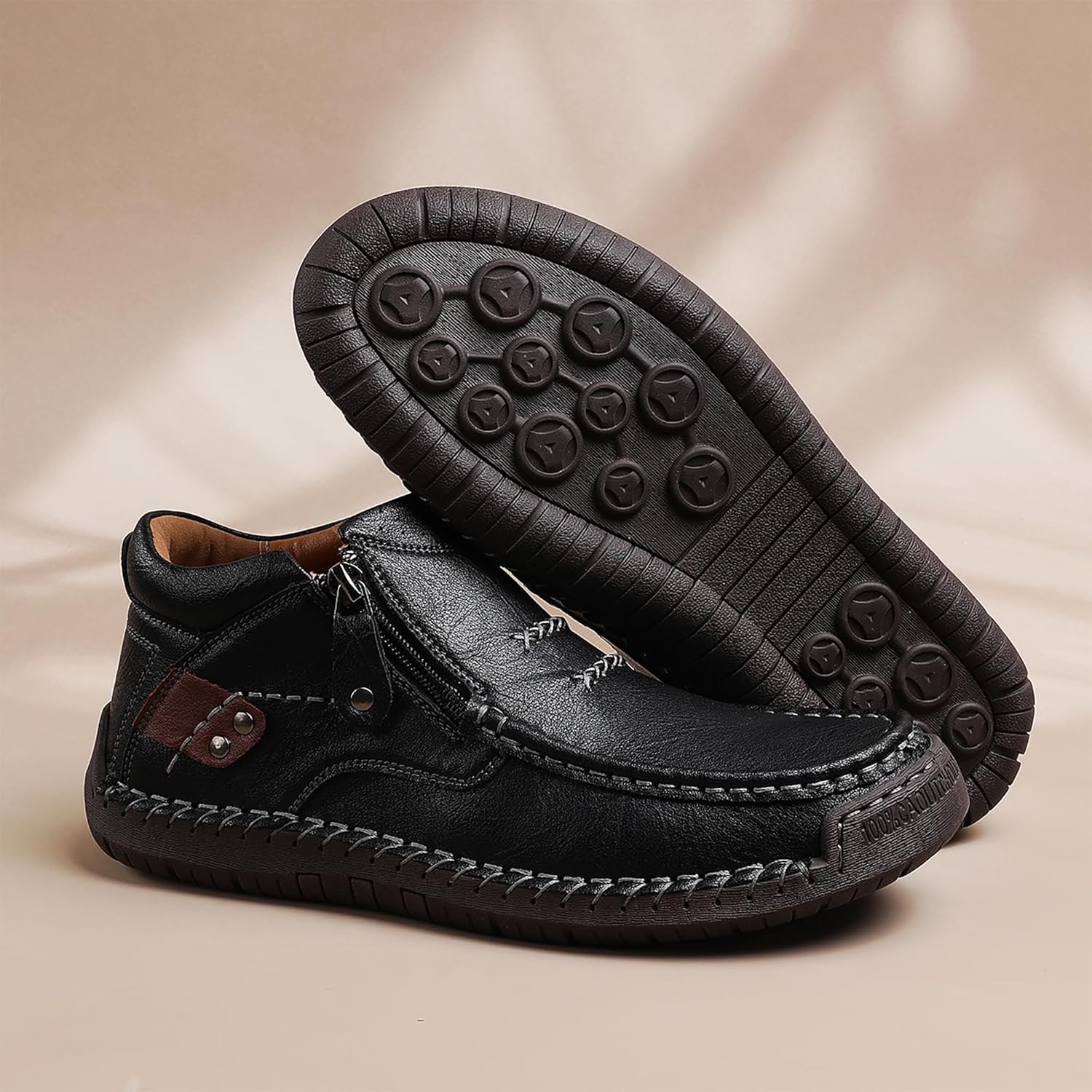 WOWSTICK Men's Slip on Hand-Stitched Leather Loafers, Lightweight Comfort Casual Ankle Chukka Walking Shoes - Image 5