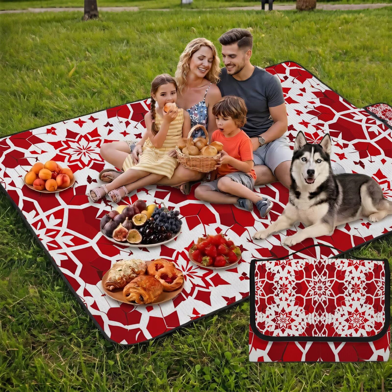 Couverture Pique Nique Grande 200x300cm,Outdoor Couverture Imperméable,Pliable Tapis de Plage Dos en PVC Anti-Sable,Picnic Blanket pour Camping Accessoires,Jardin,Parc,Famille - Blanc,Rouge (2) UZ-729