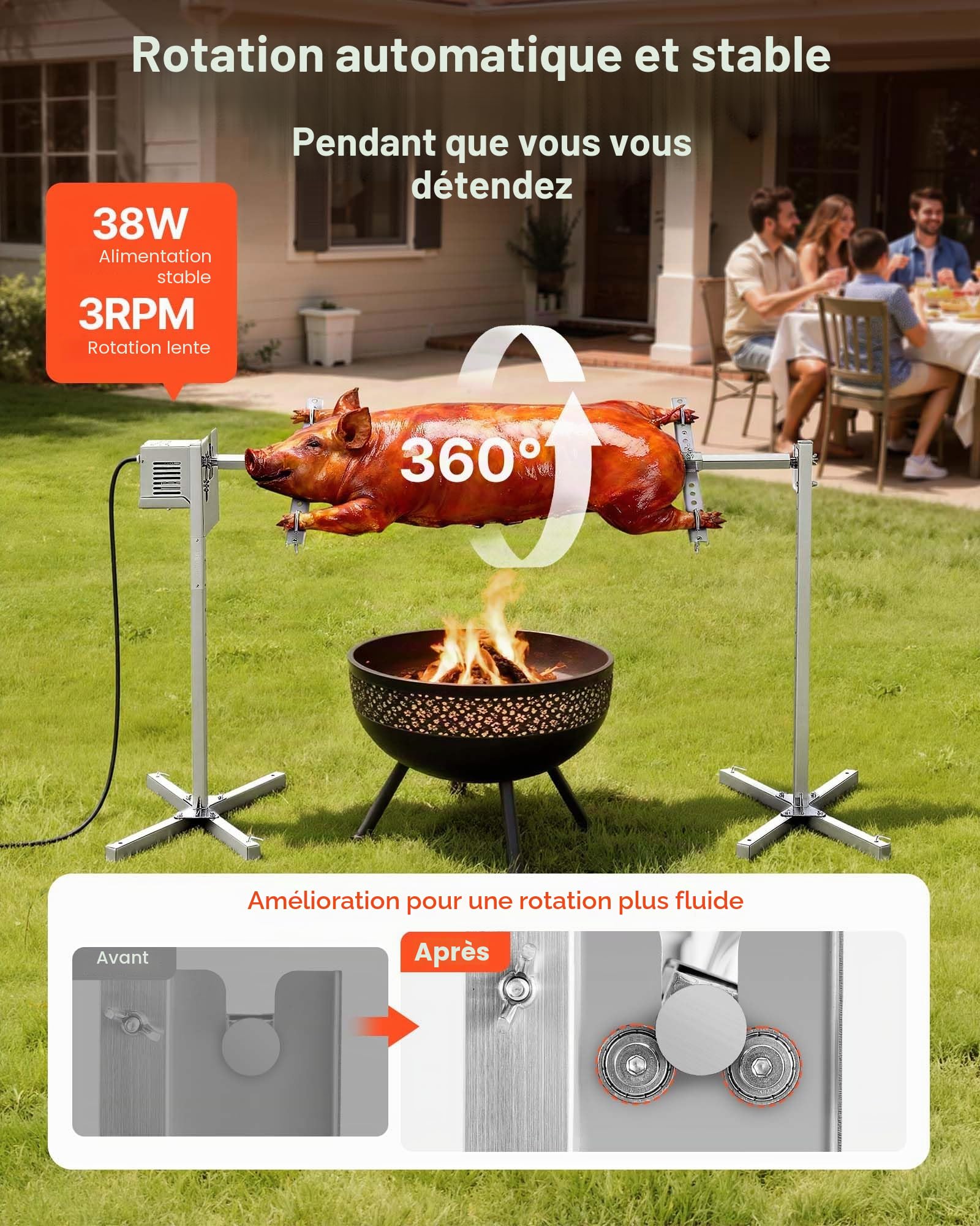VEVOR Barbecue Rôtissoire Capacité de Charge de 40 kg, Kit de Tournebroche Électrique à 8 Niveaux de Hauteur, Moteur Automatique 38 W, Fourchette en Acier Inoxydable, pour Agneau Porcelet, Fête