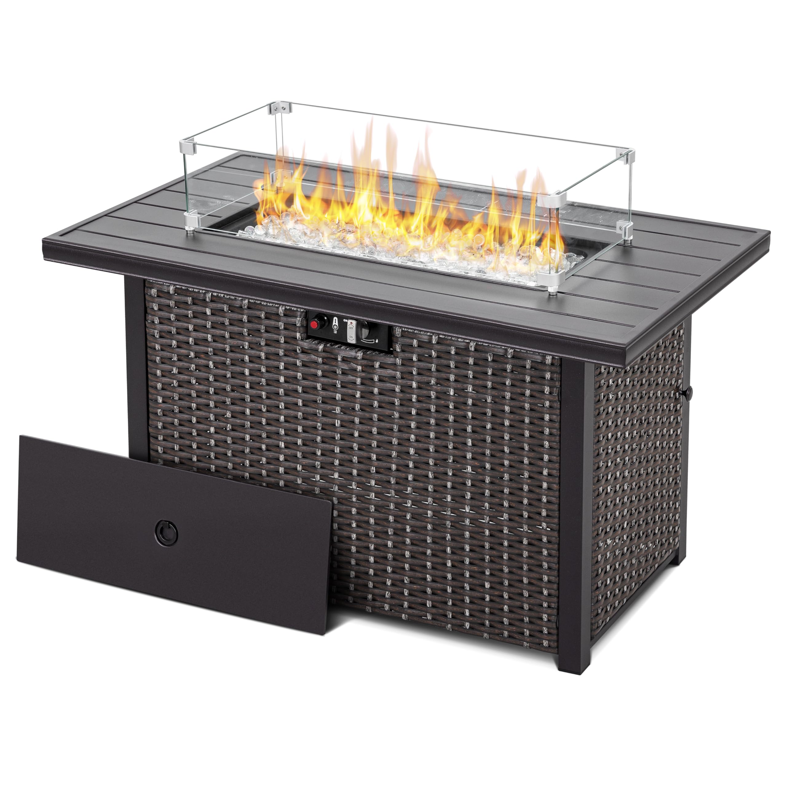 Nuu Garden Outdoor 43 Inch 50,000 BTU Propane Fire Pit Table, CSA Certified Patio Propane Fire Pit with Wind Guard, Lid, Oxford Cover, 7 lbs Glass Stone, Dark Brown