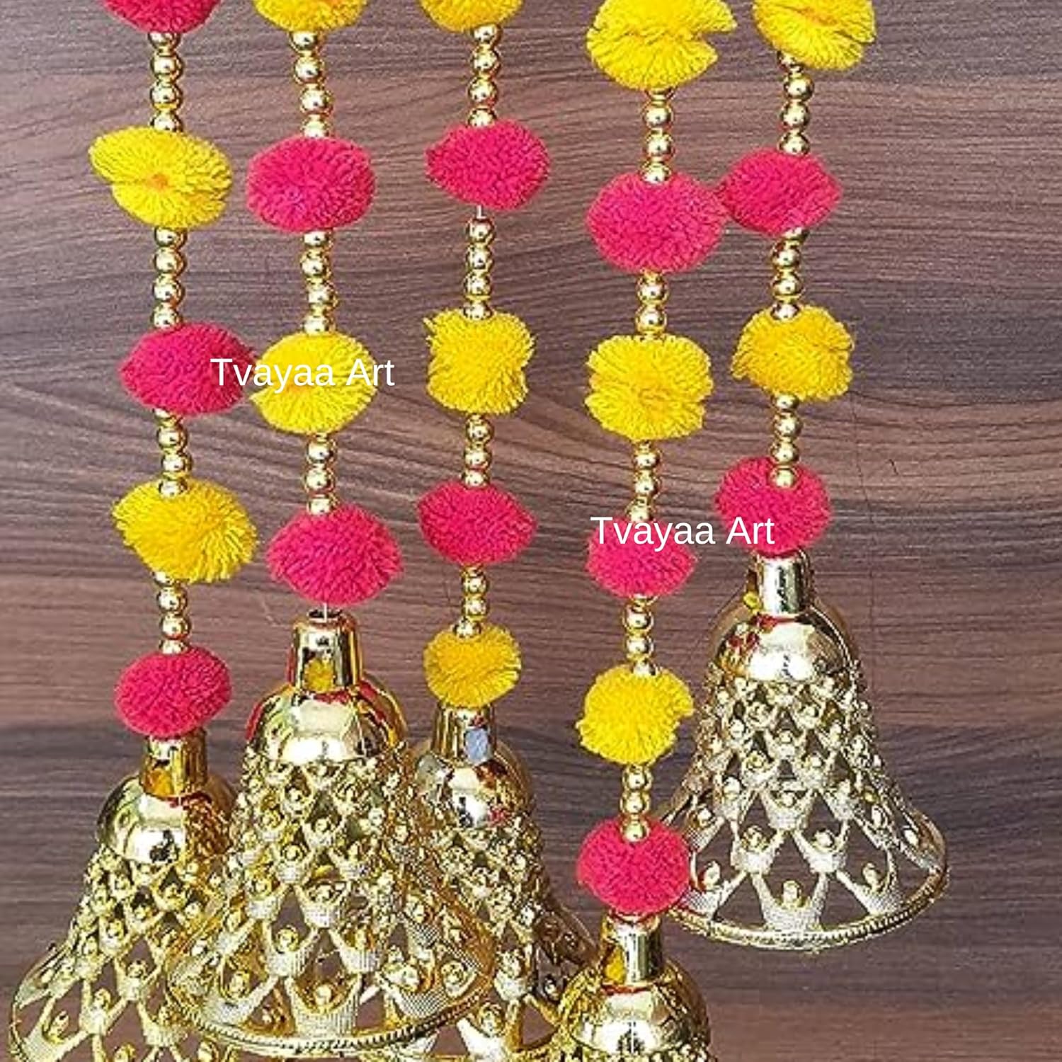 Pom poms Beads & Golden Hanging Bells Strings/Garlands/torans/Wall hangings for Decoration (Approx 4.8 ft) Wedding backdrops Strings (Lot of 5)