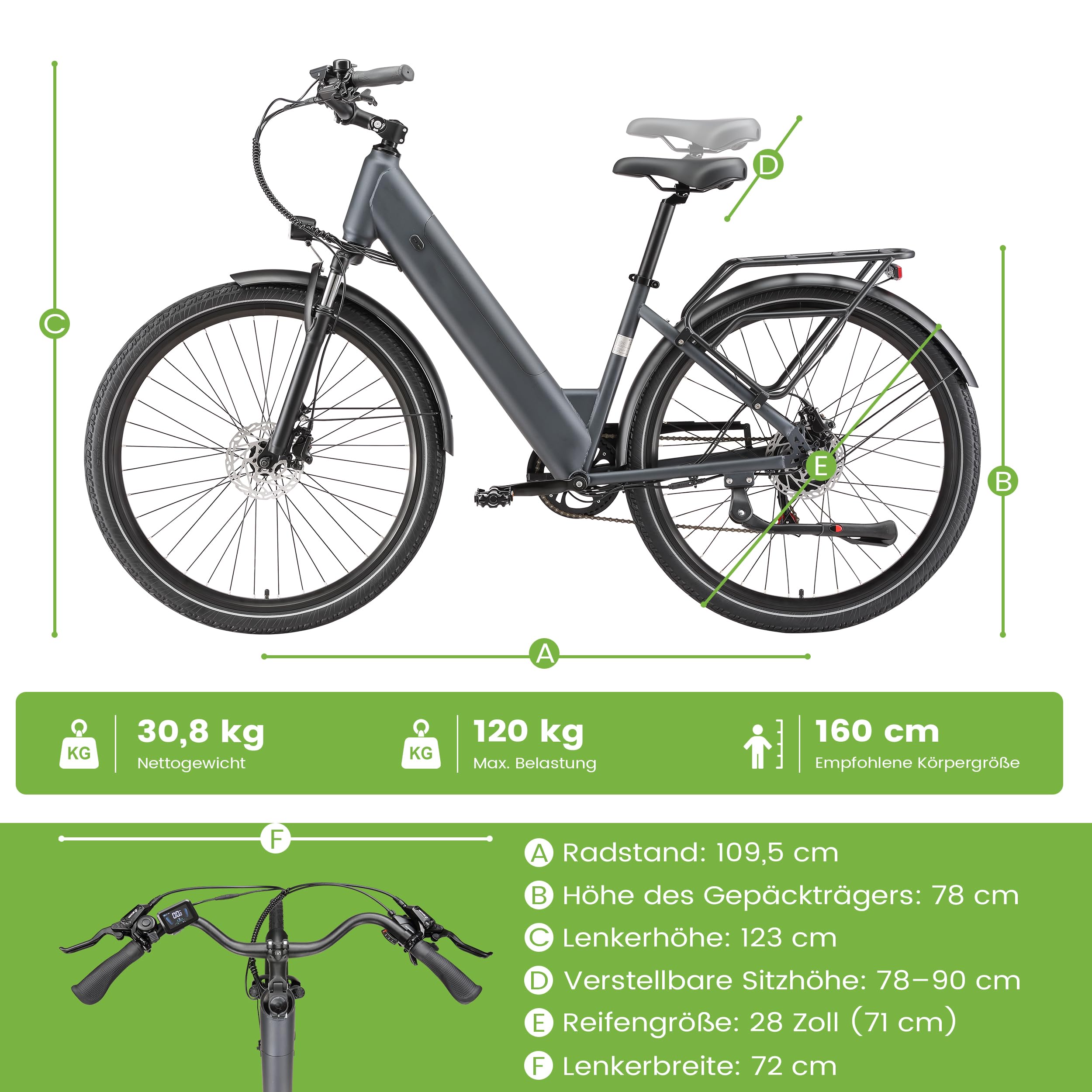 Elektrofahrrad für Erwachsene, 28 Zoll E-Bike mit 48V 250W Reichweite 140 km, Trekking Bike 25 km/h