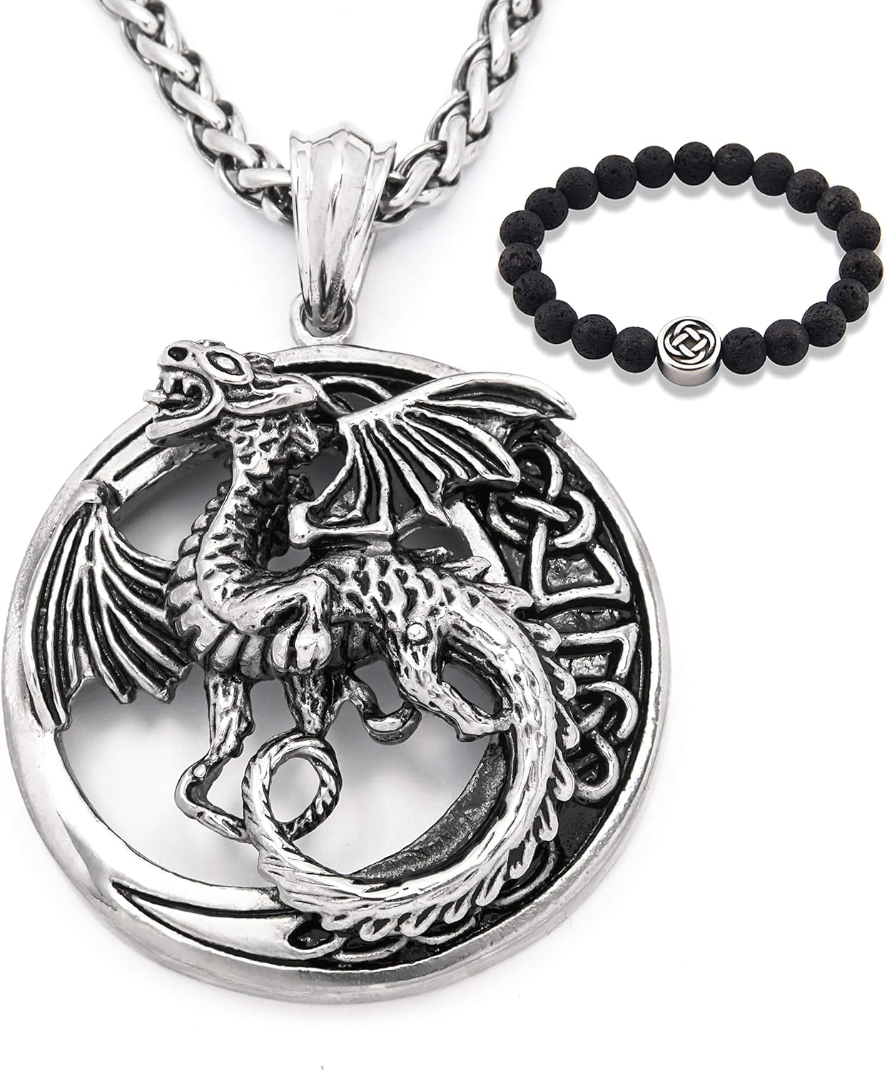 Big Dragon Necklace Stainless Steel Celtic Knot Dragon Pendant Amulet Gothic Trinity Knot Jewelry Gift Men Women