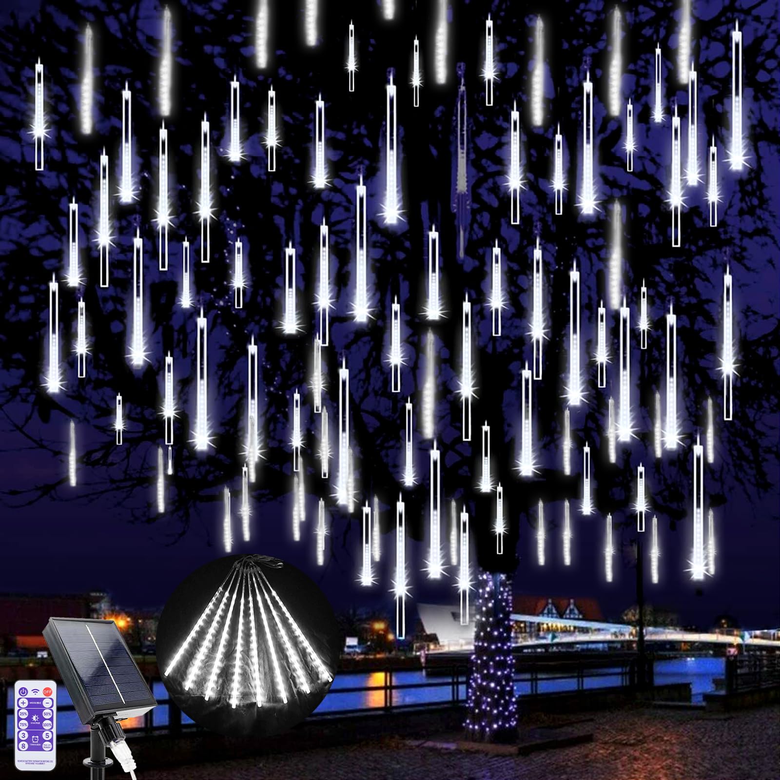 LED Solares Luces de Navidad, 240 LEDs Lluvia de Meteoritos Cadena de Luces, 10 Tubos 30CM Impermeable Luces lluvia de meteoritos de Navidad exterior para árbol de Navidad Fiesta Bodas (Blanco)