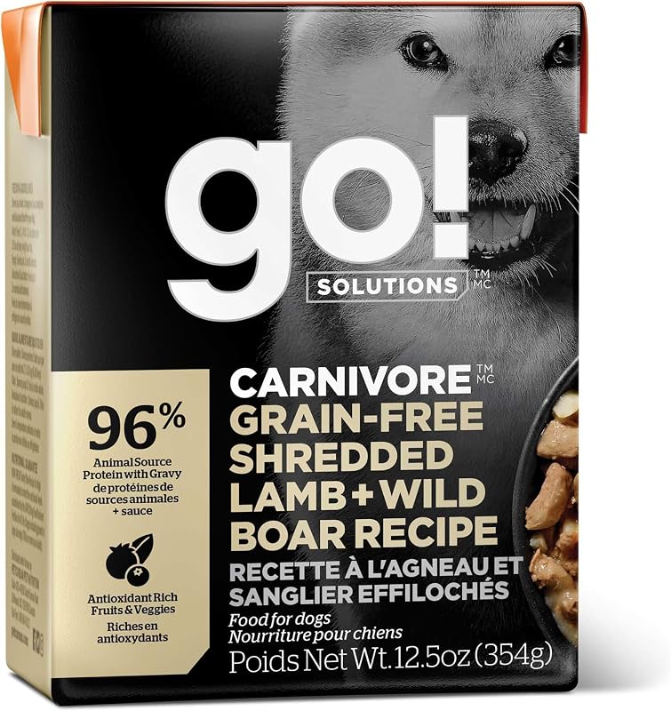 Ração úmida para cães GO! SOLUTIONS Carnivore com cordeiro e javali desfiados, sem grãos, 6 latas de 354 g