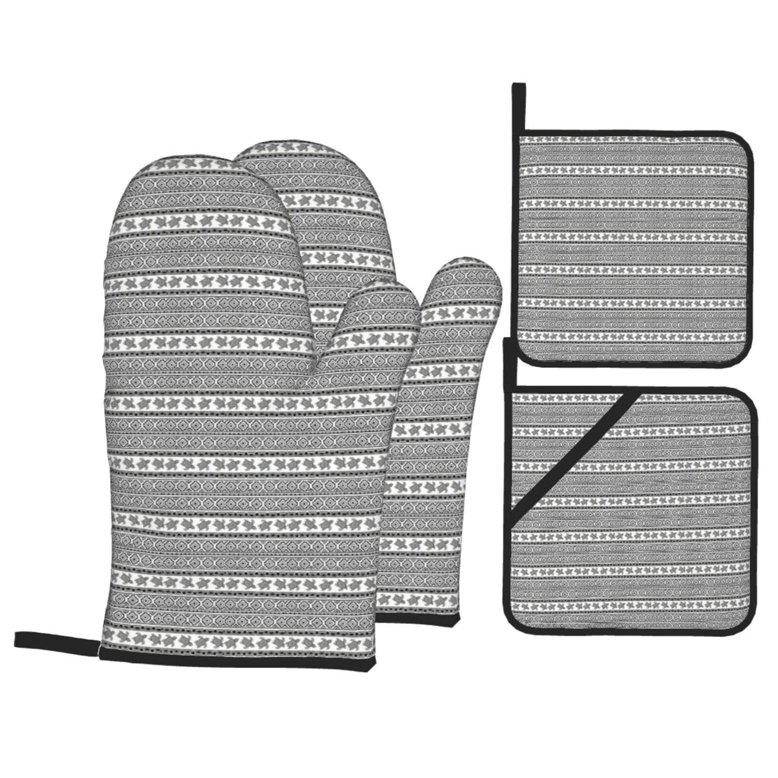 Nimongt Black Ethnic Turtle Striped Print Heat-Resistant 4-Piece Oven Kitchen Gloves For Baking Cooking Microwaving Essentials