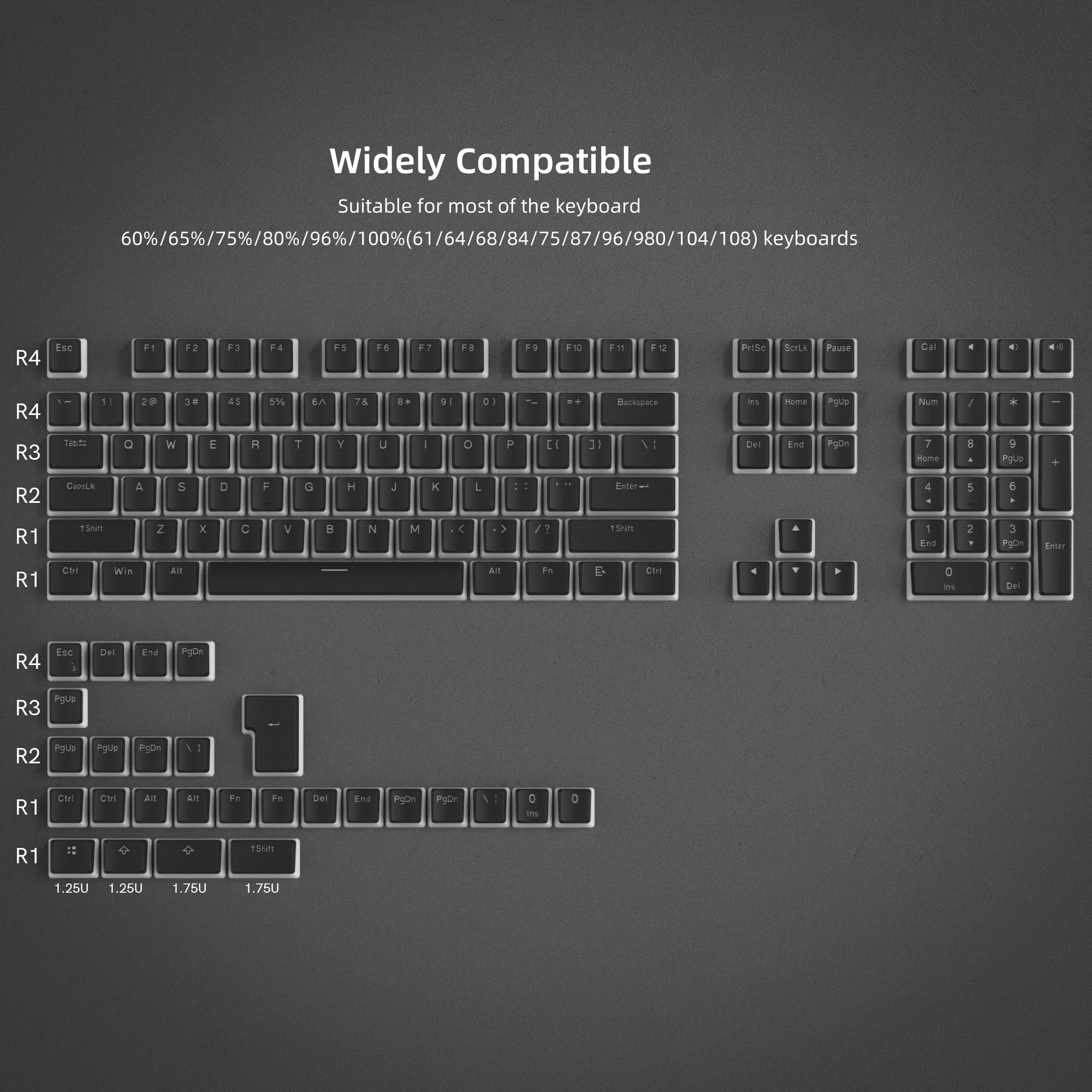 Pudding Keycaps PBT 100% Klawiatura 130 klawiszy, Shine Through Keycaps, profil OEM dla klawiatur 100%, 75%, 65%, 60% MX-stem Switches, czarny (ISO DE nieobsługiwane)