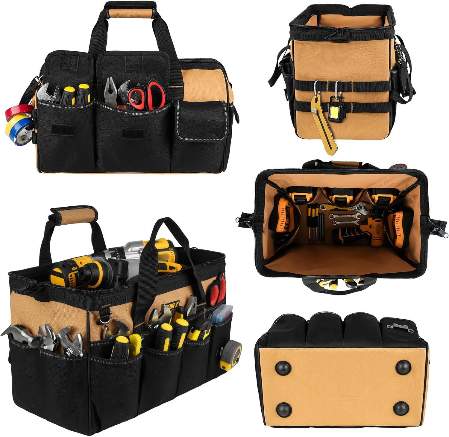 Tool Bag,16-Inch Heavy Duty Tool Bags for Men,27 Pockets Tool Box Organizer Storage,Wide Mouth Toolbag Tools Tote Carrying Case for Dad,Mechanic,Electrician,Black+Brown,Bag Only