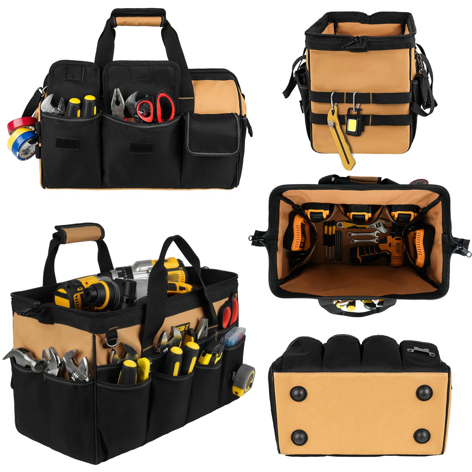 Sacoche Outils,Sac Outils vide,27 Poches Grand Ouverture Robuste Sac à Outils,Organiseur de Rangement,étui de Transport pour Papa,Homme,Mécanicien,électricien,Jardinage,Noir Marron(Sac Uniquement)