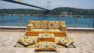 Yellow Turkish Floor Sofas, Ethnic Cushions, Terrace Garden Couches, Floor Sofa Seating, Arabic Majlis, Moroccan Livingroom Couch (Sofa + Rug + Ottoman)