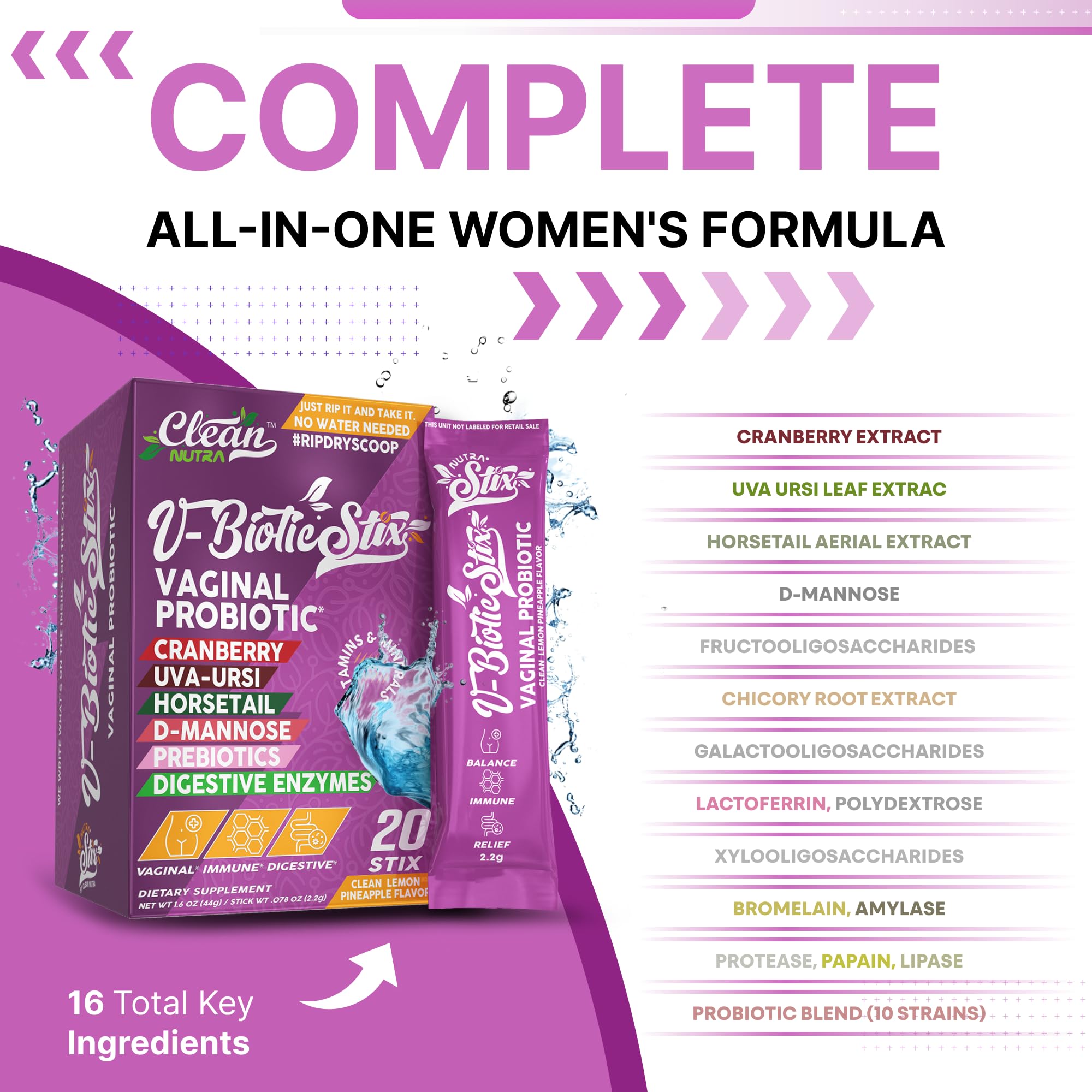 Clean Nutraceuticals Vaginal Probiotics for Women with Cranberry Extract, D-Mannose, Prebiotics, pH Balance for Women, Vaginal Health – Womens Probiotic Alternative to Gummies - 20 Stix — Amazon image 2