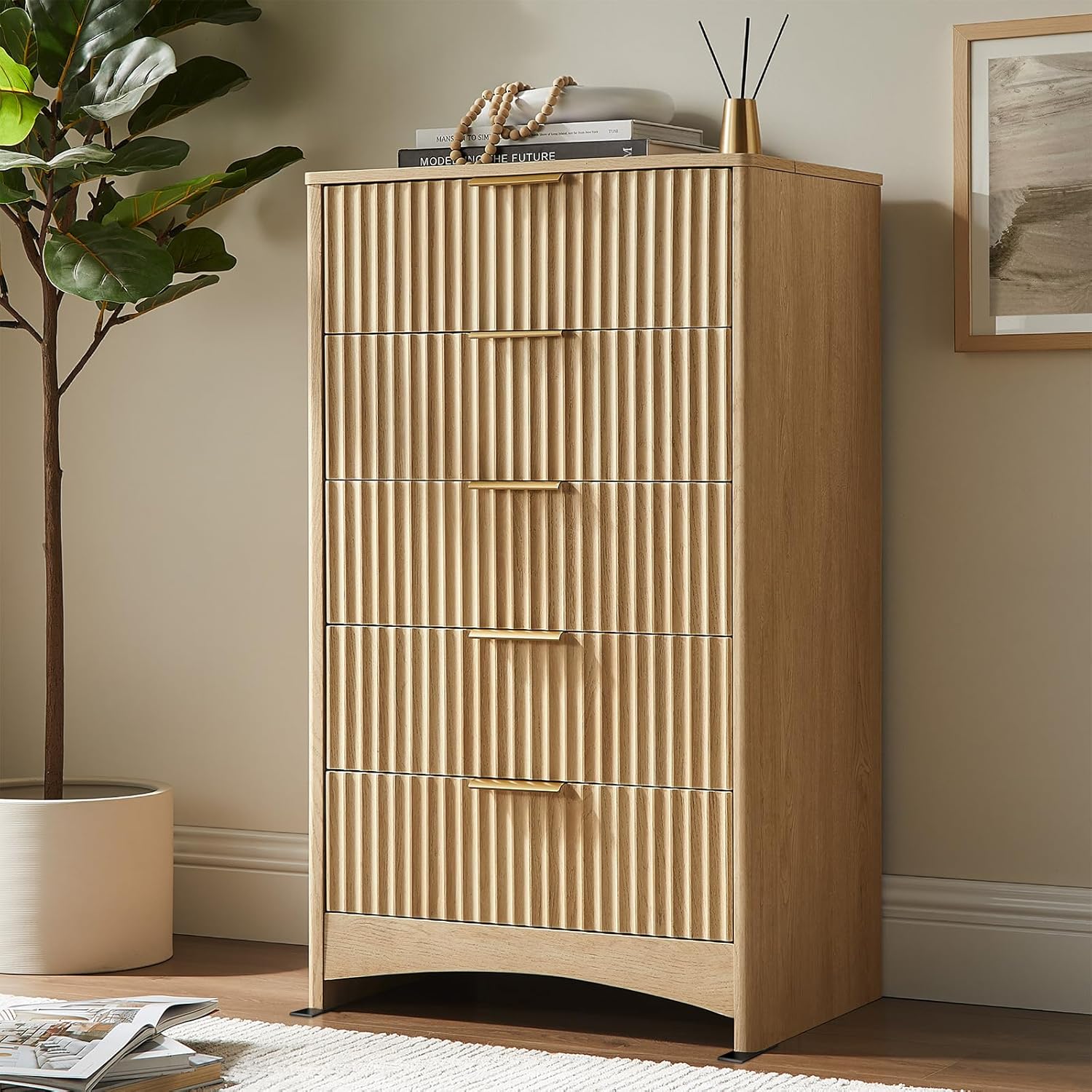 Pipishell Dresser for Bedroom, Fluted 5 Drawers Dresser, 40" Tall Modern Chest of Drawer with Round Edge & Pre-Installed Drawer Slides, Natural Wood Drawer Organizer for Bedroom, Hallway, Natural Oak