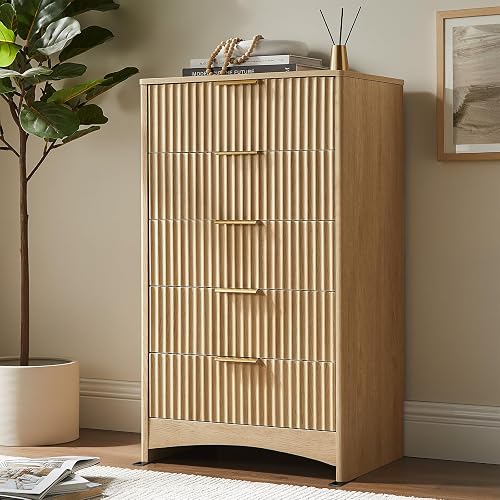 Pipishell Dresser for Bedroom, Fluted 5 Drawers Dresser, 40" Tall Modern Chest of Drawer with Round Edge & Pre-Installed Drawer Slides, Natural Wood Drawer Organizer for Bedroom, Hallway, Natural Oak