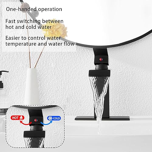 Miniatura 3 de GGStudy - Grifo de baño en cascada color negro mate para fregadero de baño, montaje en cubierta, manija única, 1 agujero, grifo de tocador de baño