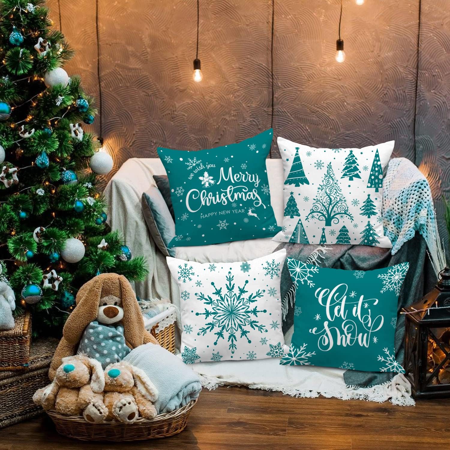 Lanpn Christmas Throw Pillow Covers 18x18 Set of 4, Merry Christmas Winter Xmas Snowflake Decorative Holiday Cushion Pillow Cases 18 x 18 for Outdoor Indoor Farmhouse Home Room Couch Decor (Teal) image 2