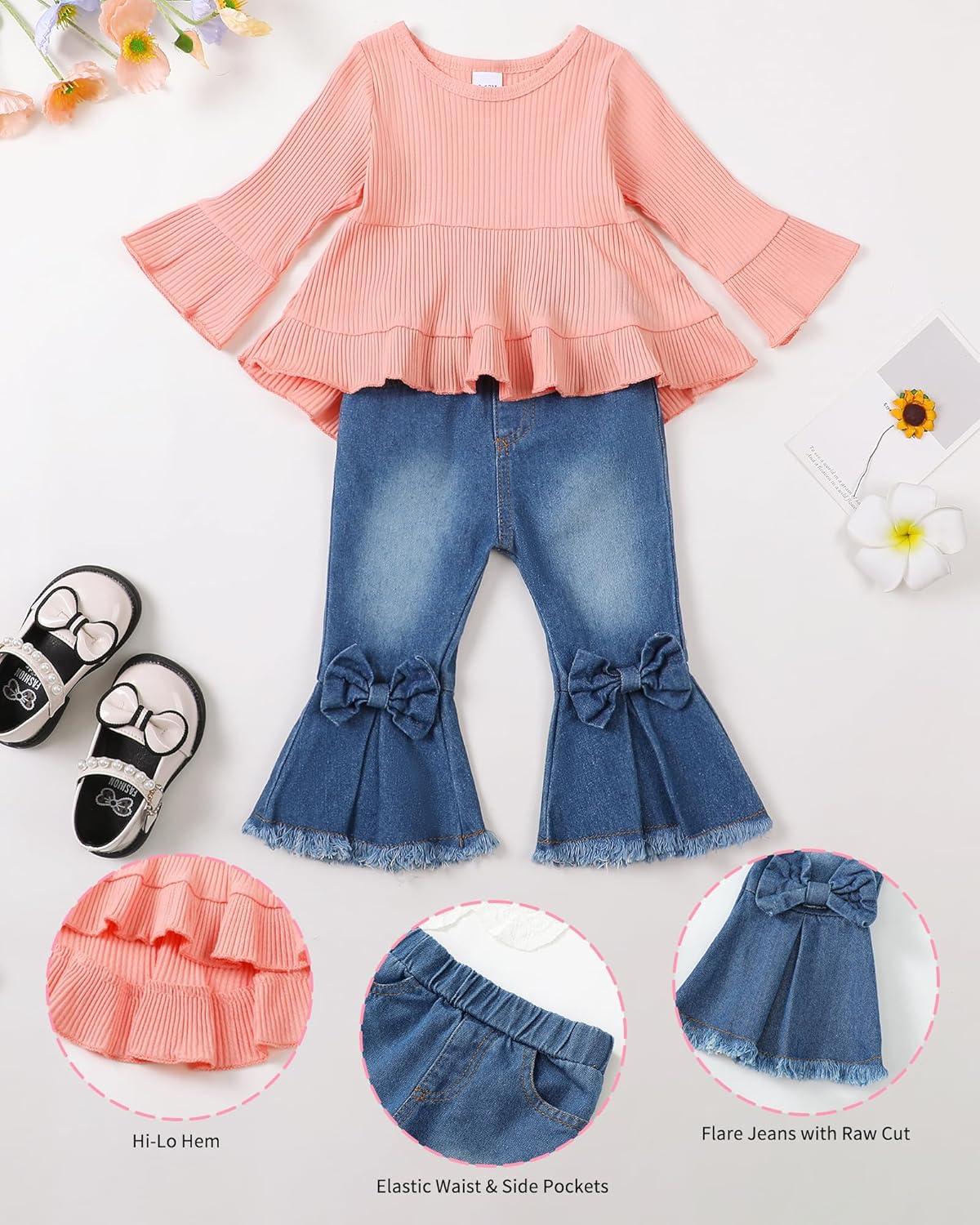 Kucnuzki Toddler Baby Girls Clothes Long Sleeve Shirt Top Flare Denim Jeans Cute Outfit Baby Girl Fall Winter Clothes - Image 4