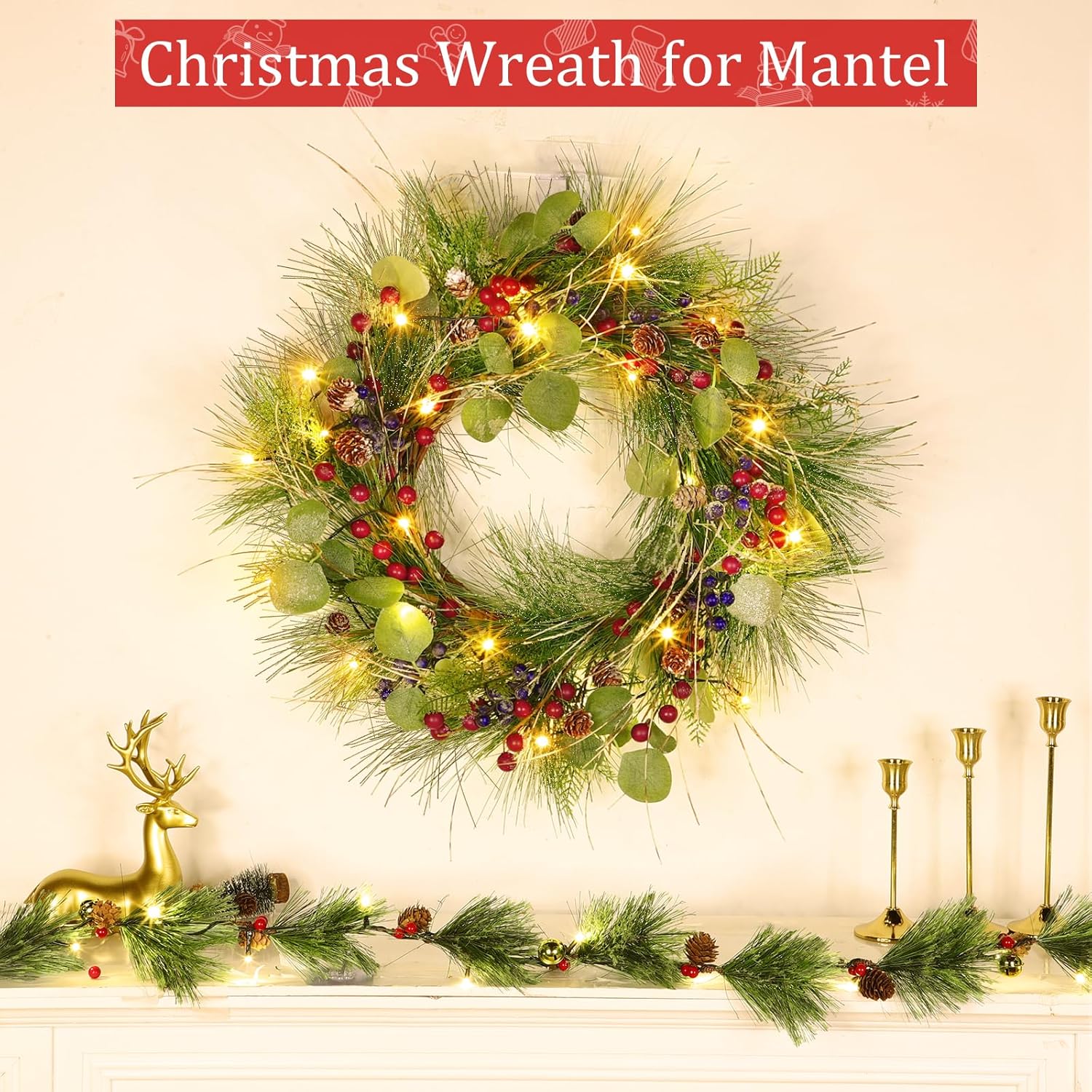 Timer - 20 Inch Lighted Christmas Wreaths for Front Door, Winter Wreath with 30 LED Lights Snowy Pine Needles Eucalyptus Cypress Leaves Pinecones Red Blue Berries Xmas Wreath for Window Wall Mantle - Image 2