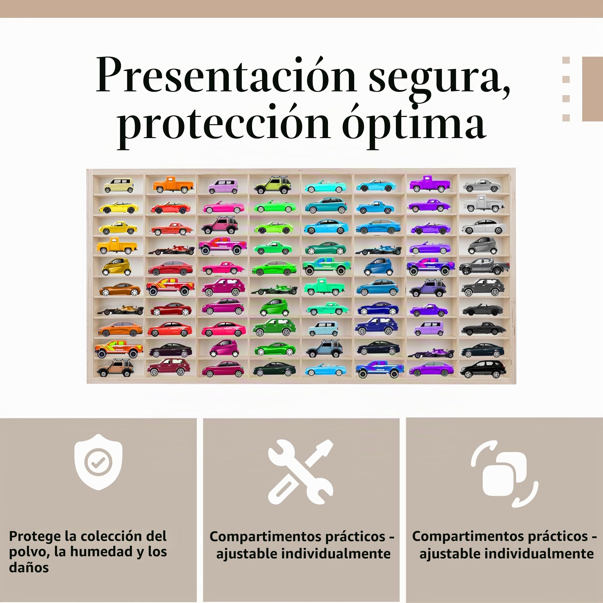 KRUZZEL - Estante de madera para coches de juguete con 80 compartimentos - Estante de pared para habitación infantil - Apilable y ajustable - Vitrina de coleccionista de madera - Caja expositora de