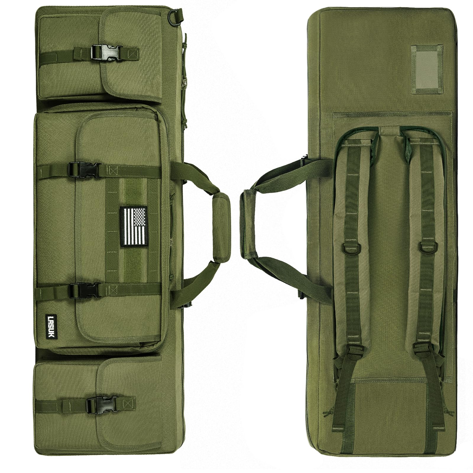 LASUK 36” Double Rifle Case, Green Long Double Rifle Gun Bag with 10 Accessory Pockets Padded Handle, Adjustable Shoulder Strap for Firearm Storage and Transportation