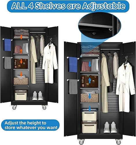 Miniatura 5 de Armario de almacenamiento de garaje con ruedas, armario de almacenamiento de escoba con tableros de clavijas y estantes ajustables, armario de