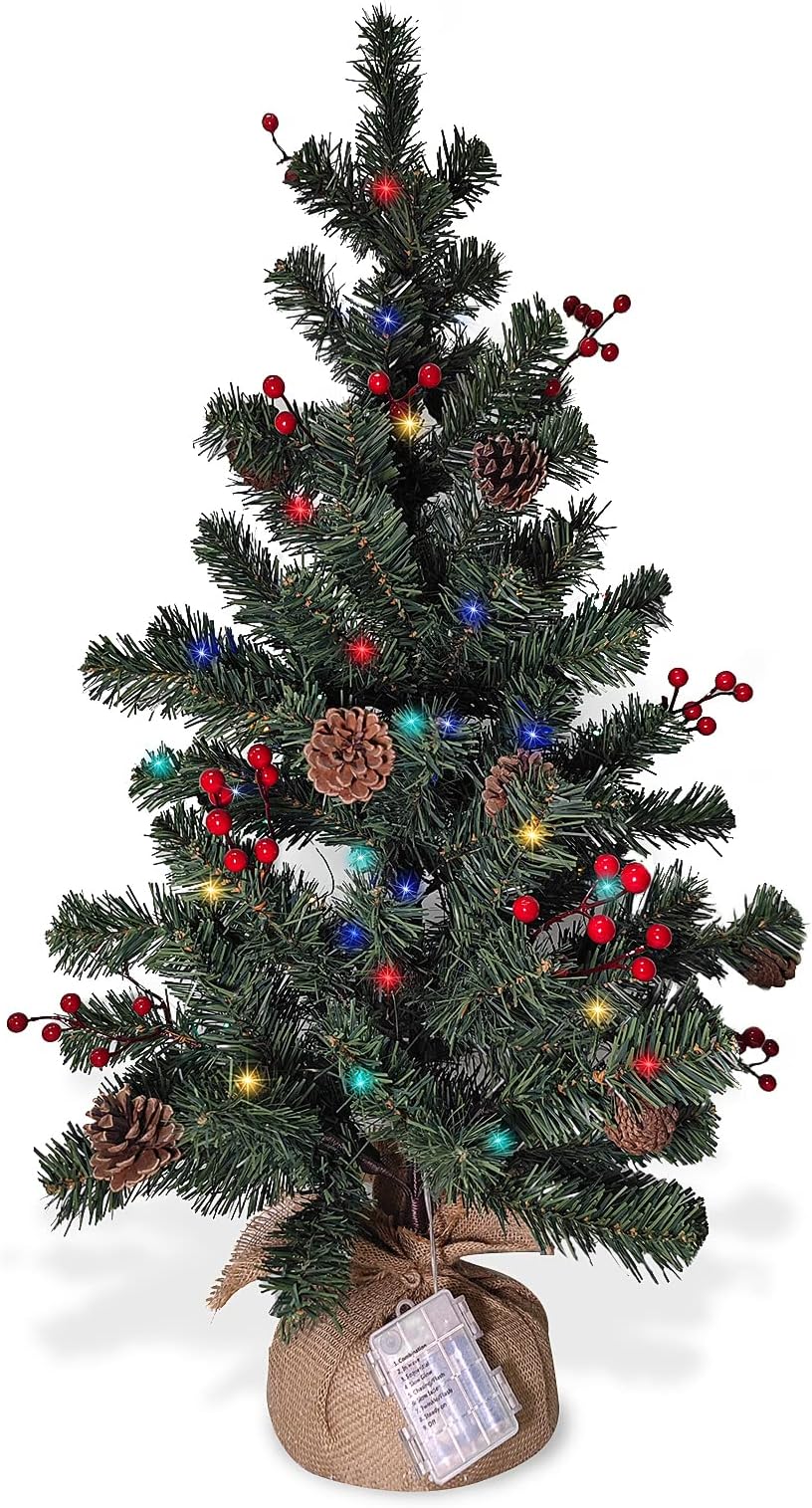 36inch Christmas Tree with Lights, Pre-Lit Artificial Christmas Tree, 3FT Holiday Xmas Tree for Home Party Decoration Table Top Christmas Tree with 60 LED Poinsettia Pinecones Red Berries Base