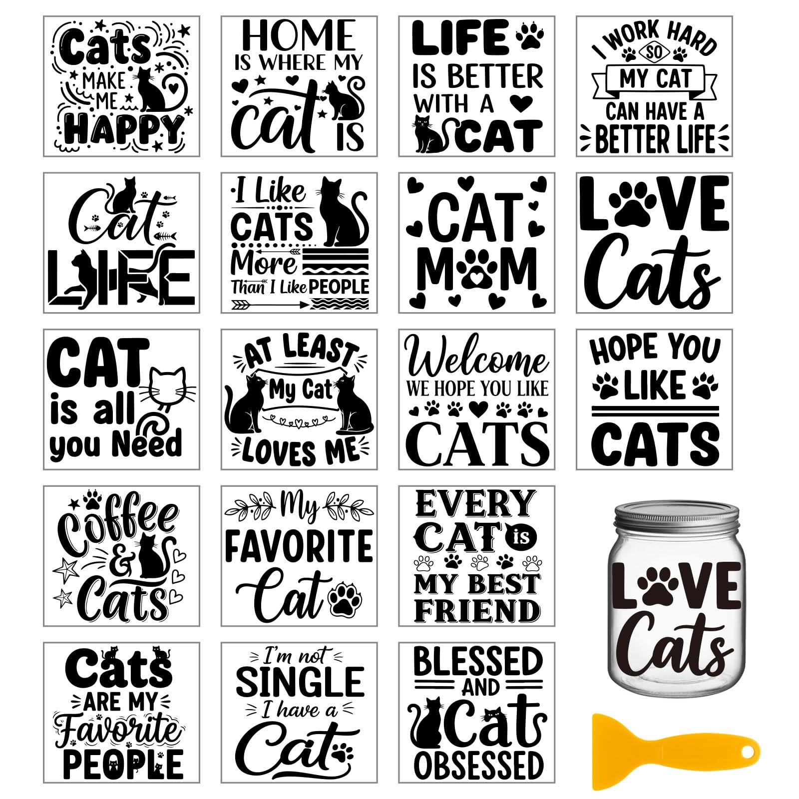 GLOBLELAND 18 Sheets Cat Text Greetings Transfer Stickers 3.9x3.6inch Black and White Blessings Transfer Decal Rub on Transfer for Cup Decal Vase Glass Art Crafts Decorations