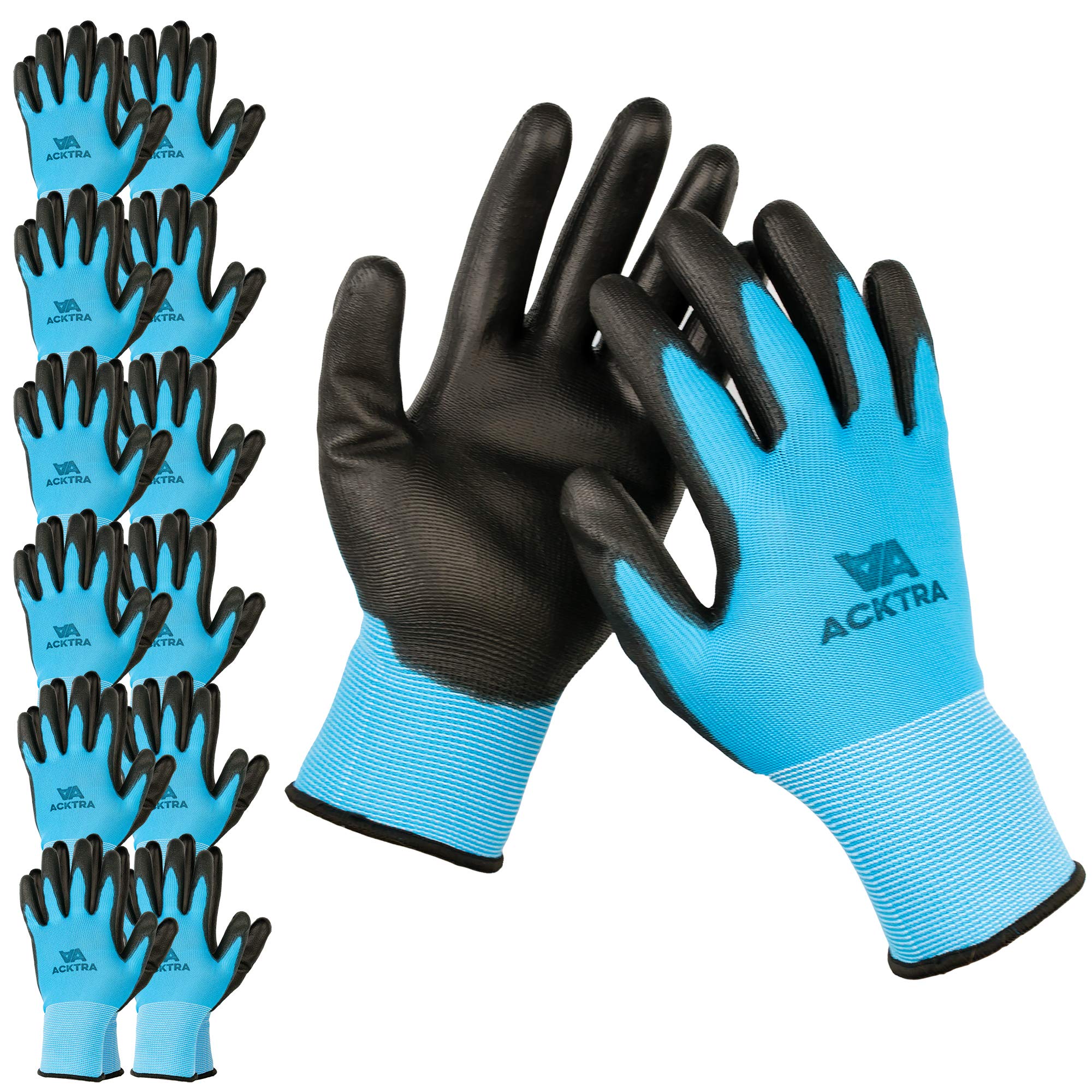 ACKTRA Ultra-Thin PU Safety WORK GLOVES 12 Pairs, WG002 Blue/Black, Small