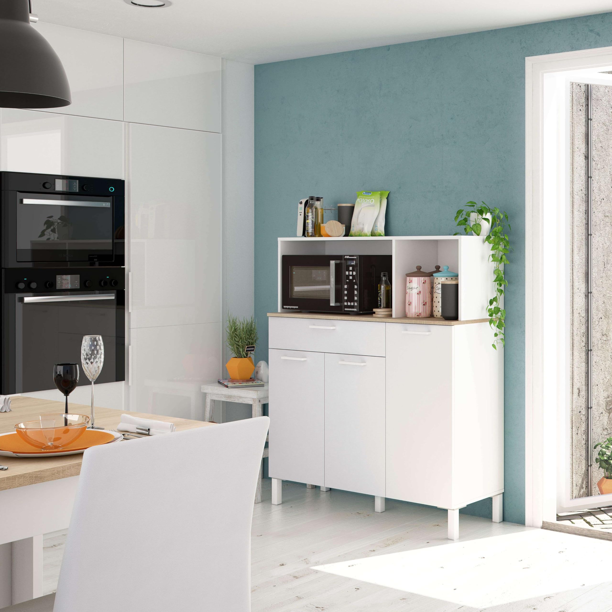Habitdesign Alacena de Cocina, Aparador Comedor, Mueble Auxiliar 3 Puertas + 1 Cajon y Estante Interior, Color Blanco Artik y Roble Canadian, Medidas: 108 (Ancho) x 126 (Alto) x 40 (Fondo) En cm