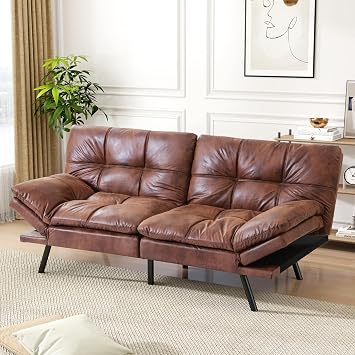 Vipbear Futon Sofa Bed Couch, 71" Convertible Sofa Bed, Space-Saving Loveseat with Adjustable Backrest & Armrest for Living Room,Apartment,Office,Brown Sleeper Sofa