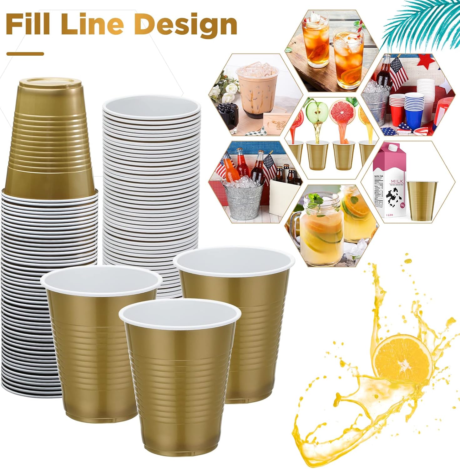 Zubebe 100 Pack 18oz Gold Cups, Disposable Plastic Cups Large Drinking for Wedding, Graduation Party, Beer Taste Serving, Snacks Samples and Tastings