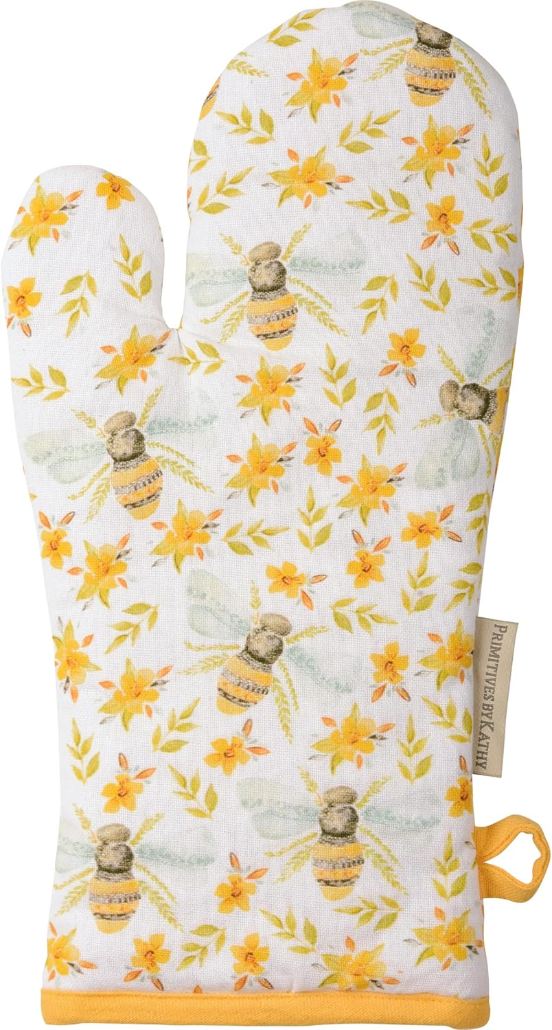 Primitives by Kathy Watercolor Bee & Floral Design Oven Mitt & Pot Holder Kitchen Set