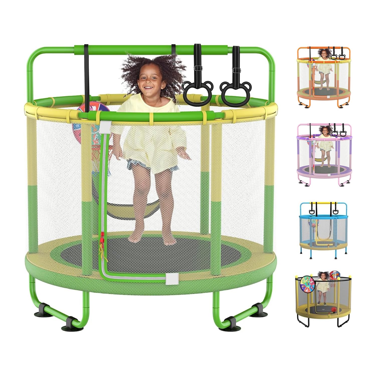 LANGXUN 60" Trampoline for Kids, 5ft Toddler Mini 6-in-1 Trampoline Indoor Outdoor with Swing, Basketball Hoop, Dart Board, Rings, Christmas Toys Birthday Gifts for Girls Boys Yellow&Green 6