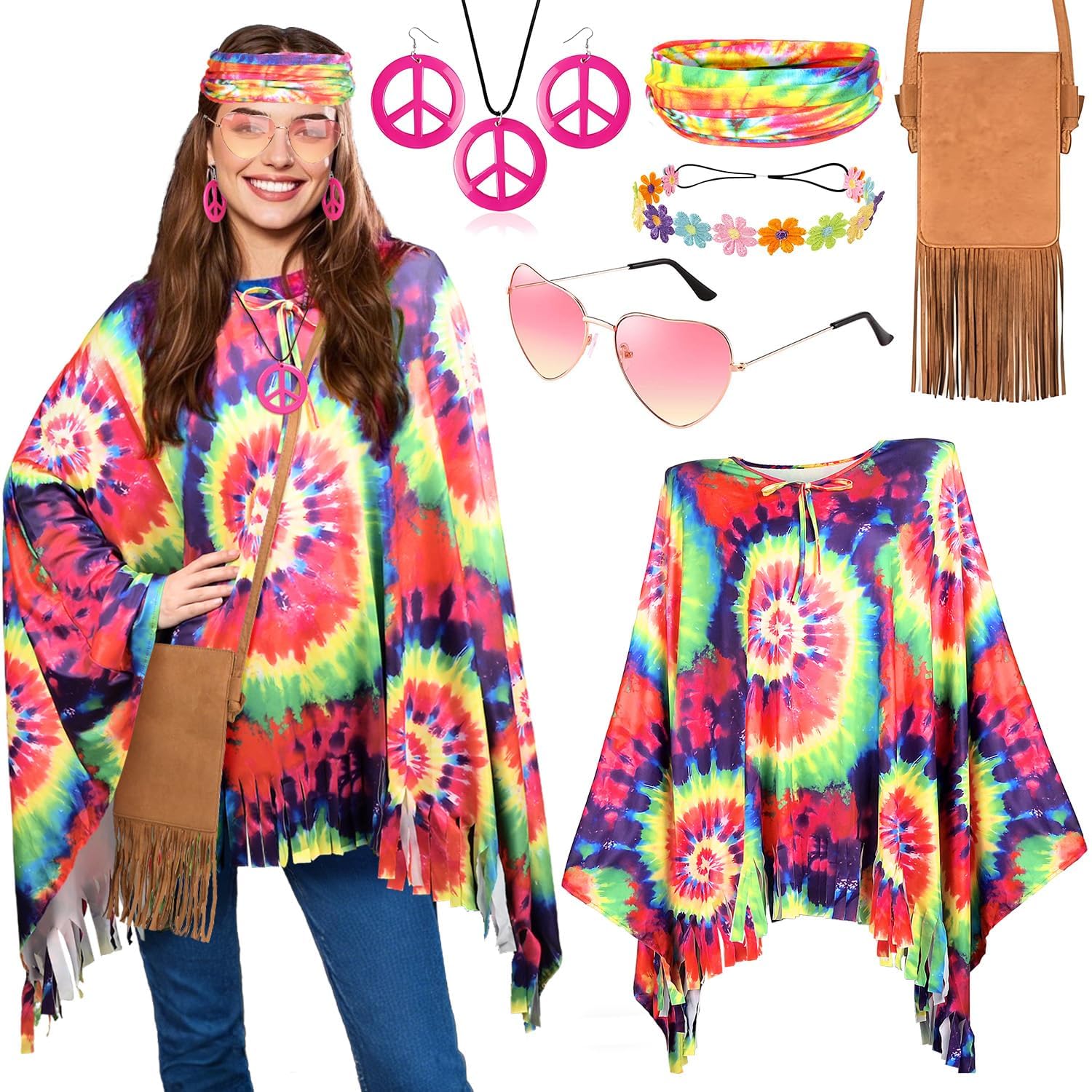 iZoeL Costume Hippie Uomo Donna Anni 70-80 - Mantello/Top Parrucca Hippie Borse Occhiali da Sole Fascia per Capelli Orecchini Collana Pace, Costume Carnivale/Halloween Anni 70-80（Vedi la descrizione）