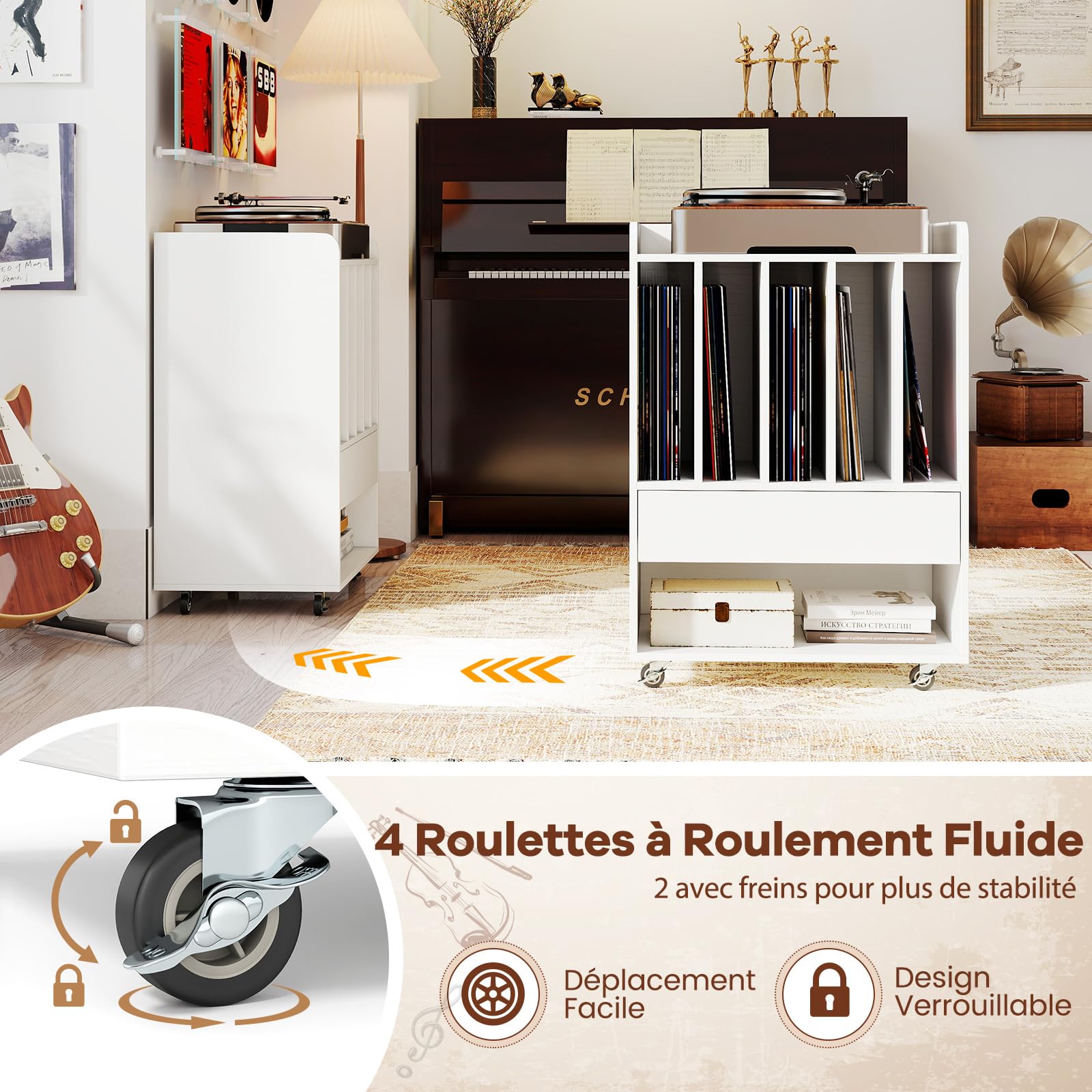 COSTWAY Meuble Platine Vinyle a Roulette avec Tiroirs, 6 Compartiments pour 150 Albums, Étagère, Meuble Rangement Hifi pour CD DVD Manga Livre, Support de Tourne-Disque pour Salon, Chambre (Blanc)