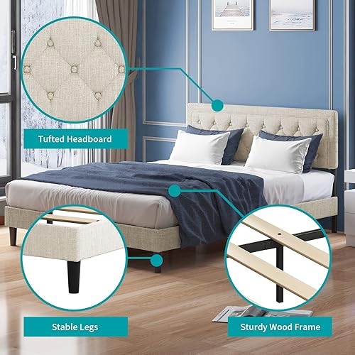 Miniatura 5 de CECER Marco de cama de plataforma tamaño Queen, base de cama tapizada de tela capitonada con botones con cabecera ajustable, soporte de listones de
