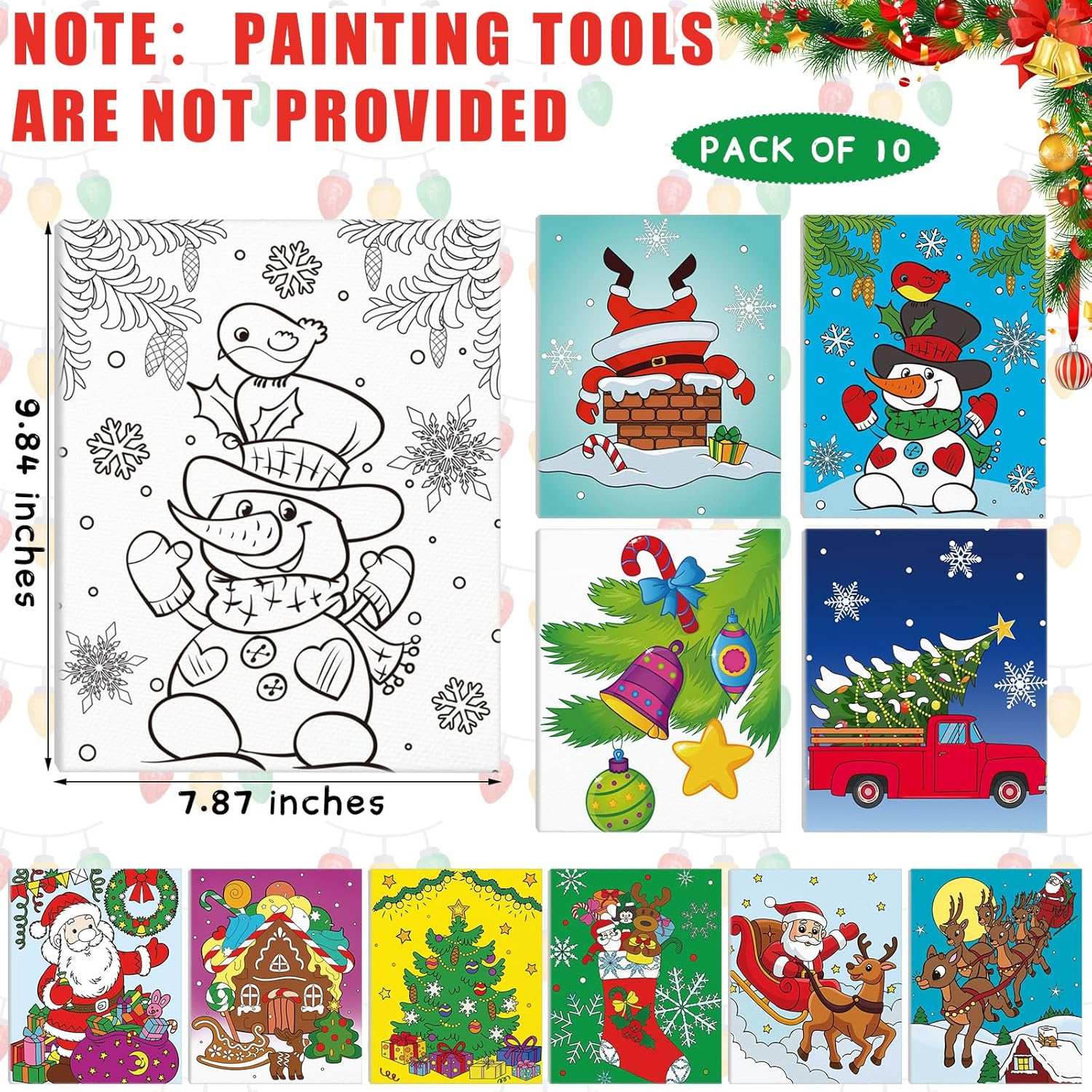 Cholemy 10 Pcs Christmas Pre Drawn Canvas for Painting 8 x 10 Inch Santa Snowman Canvas Boards with 1 Coloring Card Designs to Paint for Xmas Paint Art Supplies, 10 Styles DIY