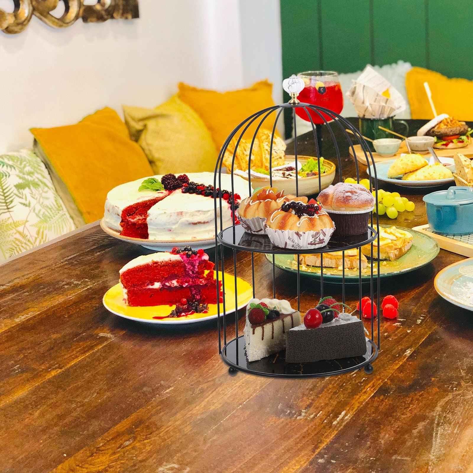 Gatuida Soporte para cupcakes con forma de jaula de pájaros, de metal, con mango de calabaza de cristal, para postres, decoración de bodas, fiestas y cumpleaños.