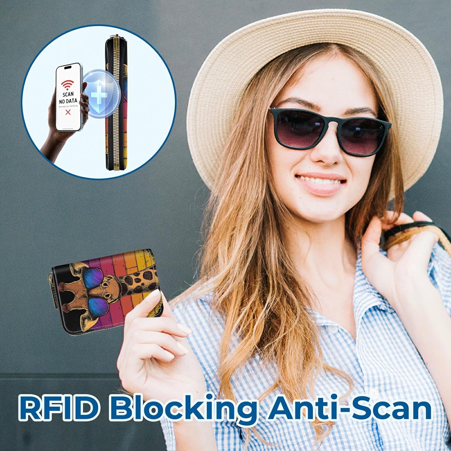 Zipper Wallet for Women, RFID Blocking Small Credit Card Holder with Accordion Design, Compact PU Leather Zipper Purse with Gift Box, Giraffe Glasses Pattern - Image 3