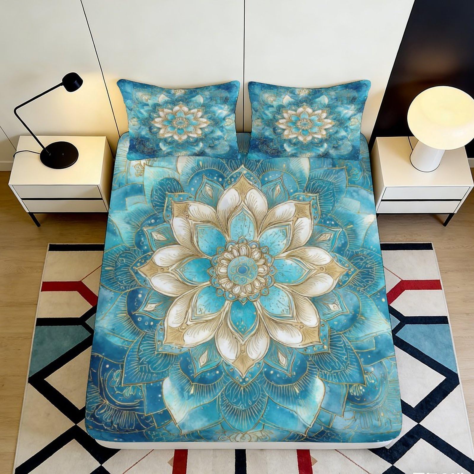 3D Printed Blue Floral Mandala Fitted Sheet Microfiber Soft Breathable Lotus Pattern Mattress Cover for Bedroom Dormitory Guest Room Protection Decor 120x200x25cm