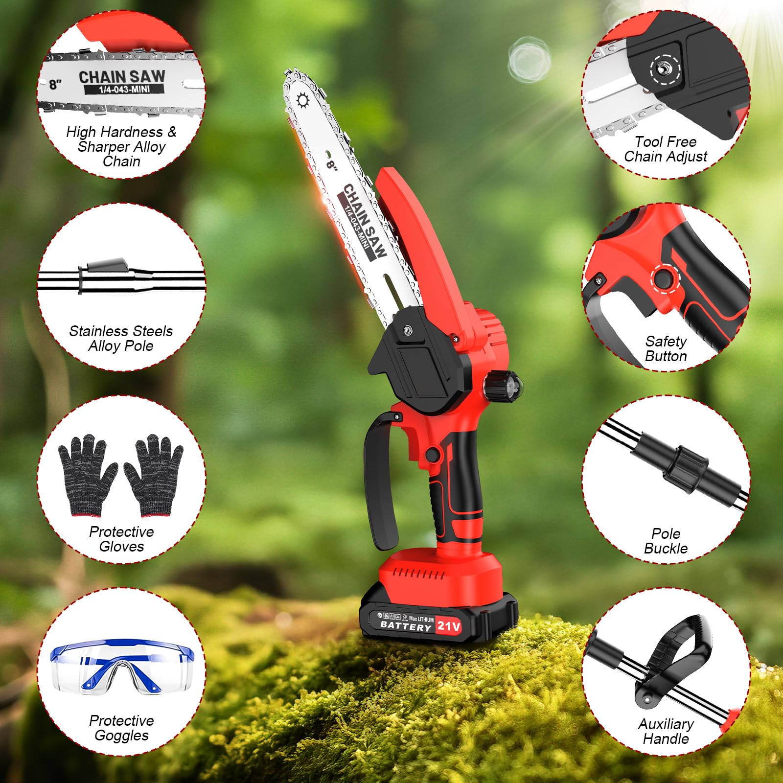 2-in-1 Akku Teleskop Hochentaster, 8 Zoll Hochentaster Akku Elektrisch, Elektrisch 21V Teleskop Astsäge Astschere Hochentaster mit 2 x 1500mAh, für Gartenscheren Astschere Holzschneidenz